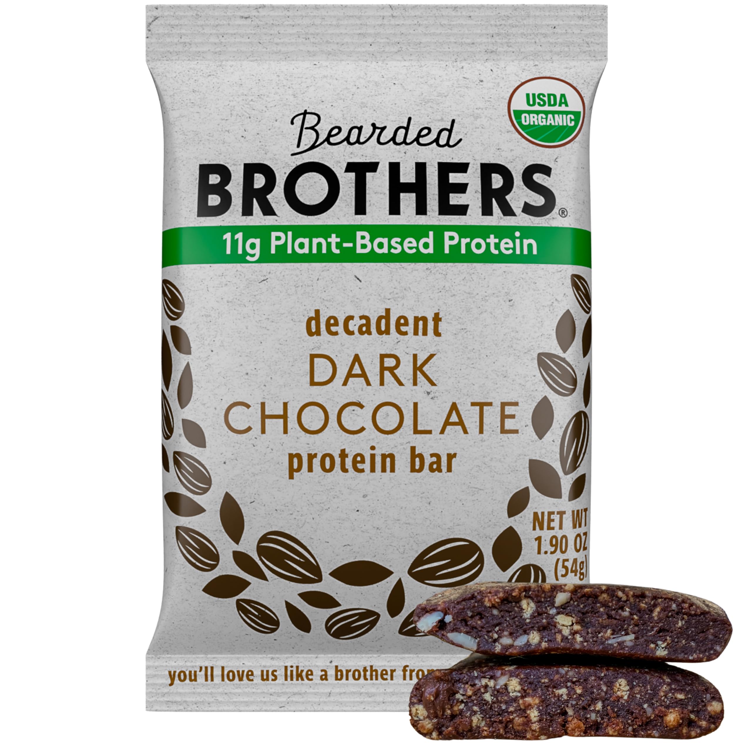 Bearded Brothers dark chocolate bar pack label, organic ingredients for clean snacking.