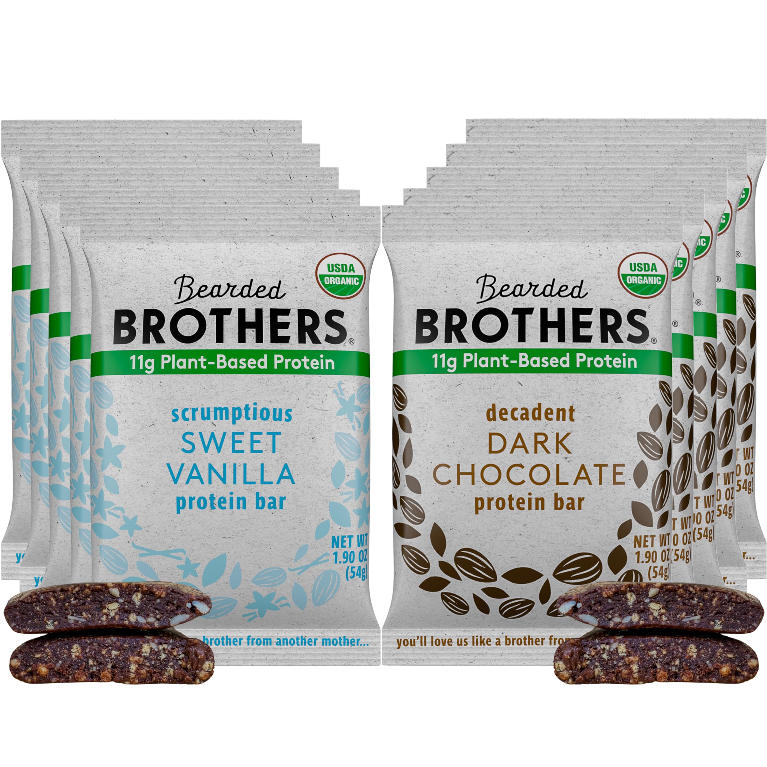 Bearded Brothers dark chocolate vanilla bar pack highlighting organic ingredients for a satisfying snack