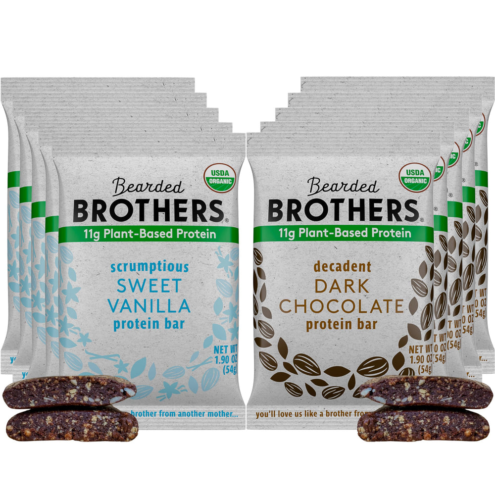 Bearded Brothers dark chocolate vanilla bar pack highlighting organic ingredients for a satisfying snack