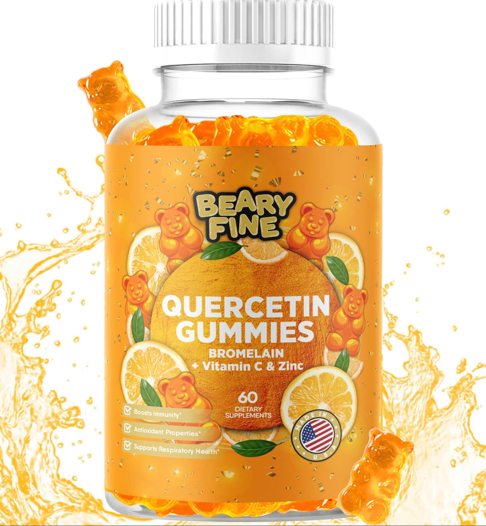 Bottle of Beary Fine Quercetin + Bromelain Gummies with Vitamin C, Zinc and Vitamin D3