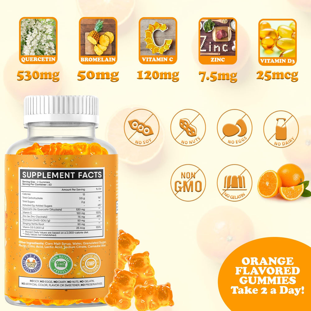 Close-up of orange-flavored Beary Fine Quercetin with Bromelain gummies