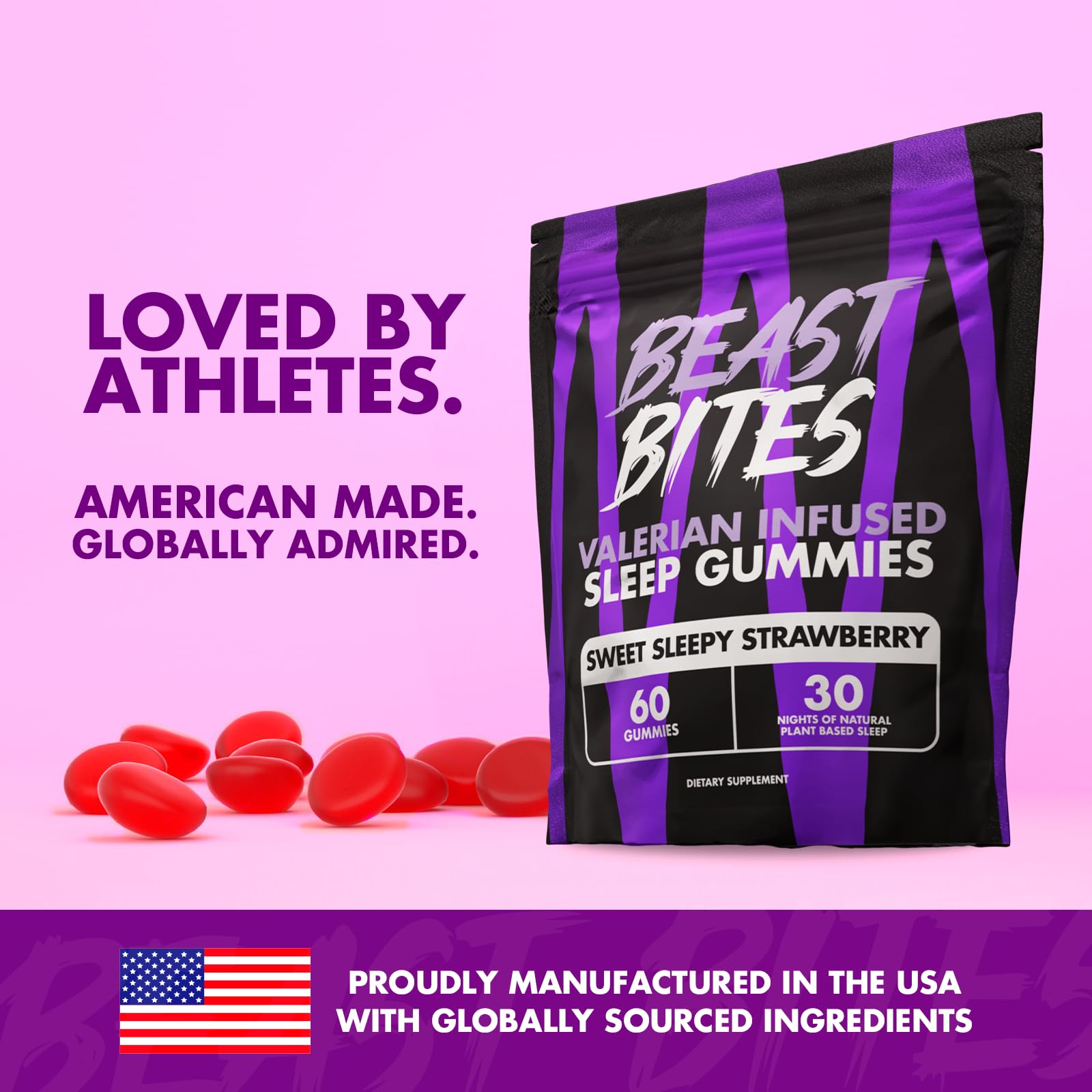 Gummies displayed with natural ingredients and a glass of water