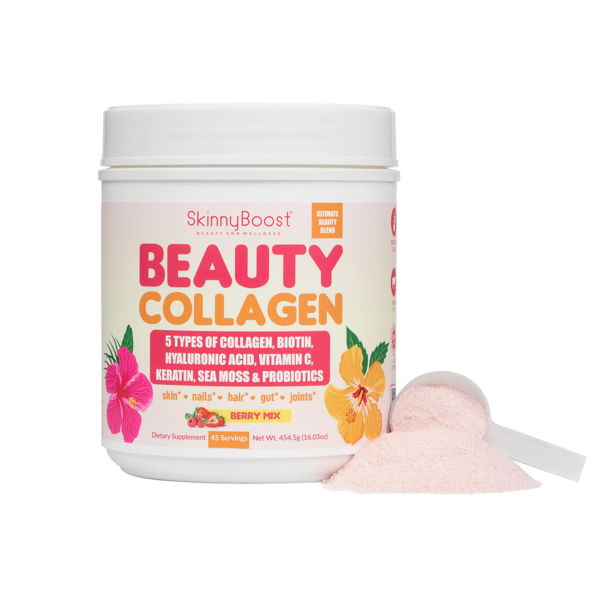 Beauty Collagen Powder Berry flavor bottle with scoop – front view