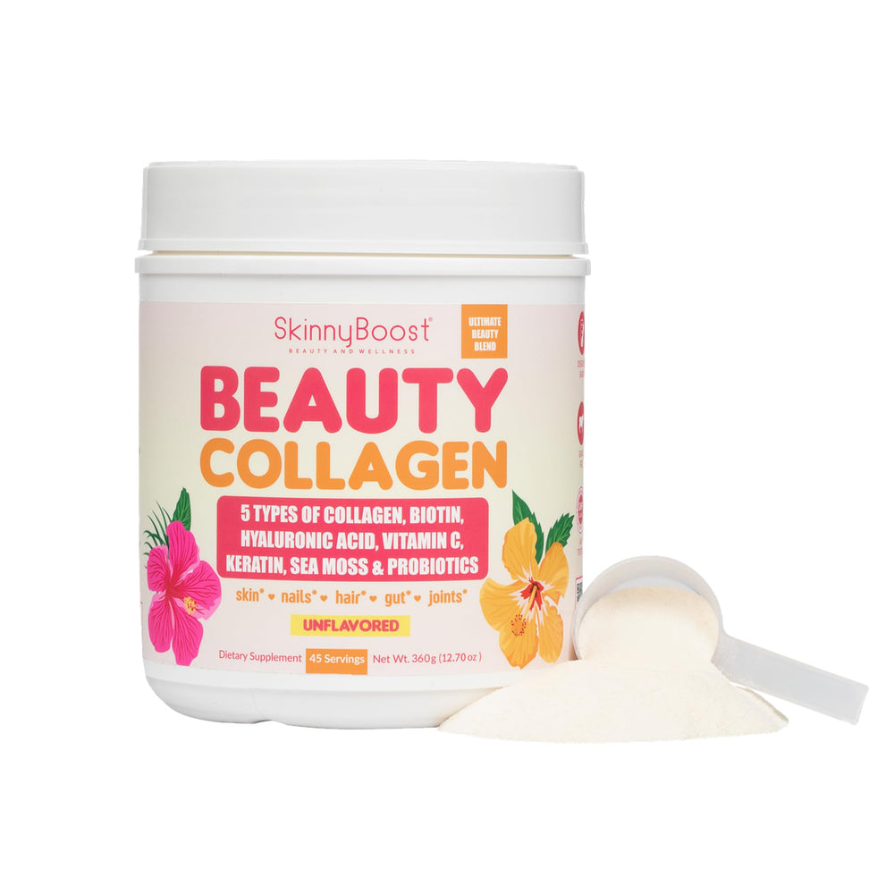 Beauty Collagen Powder unflavored jar label showing 5 types of collagen