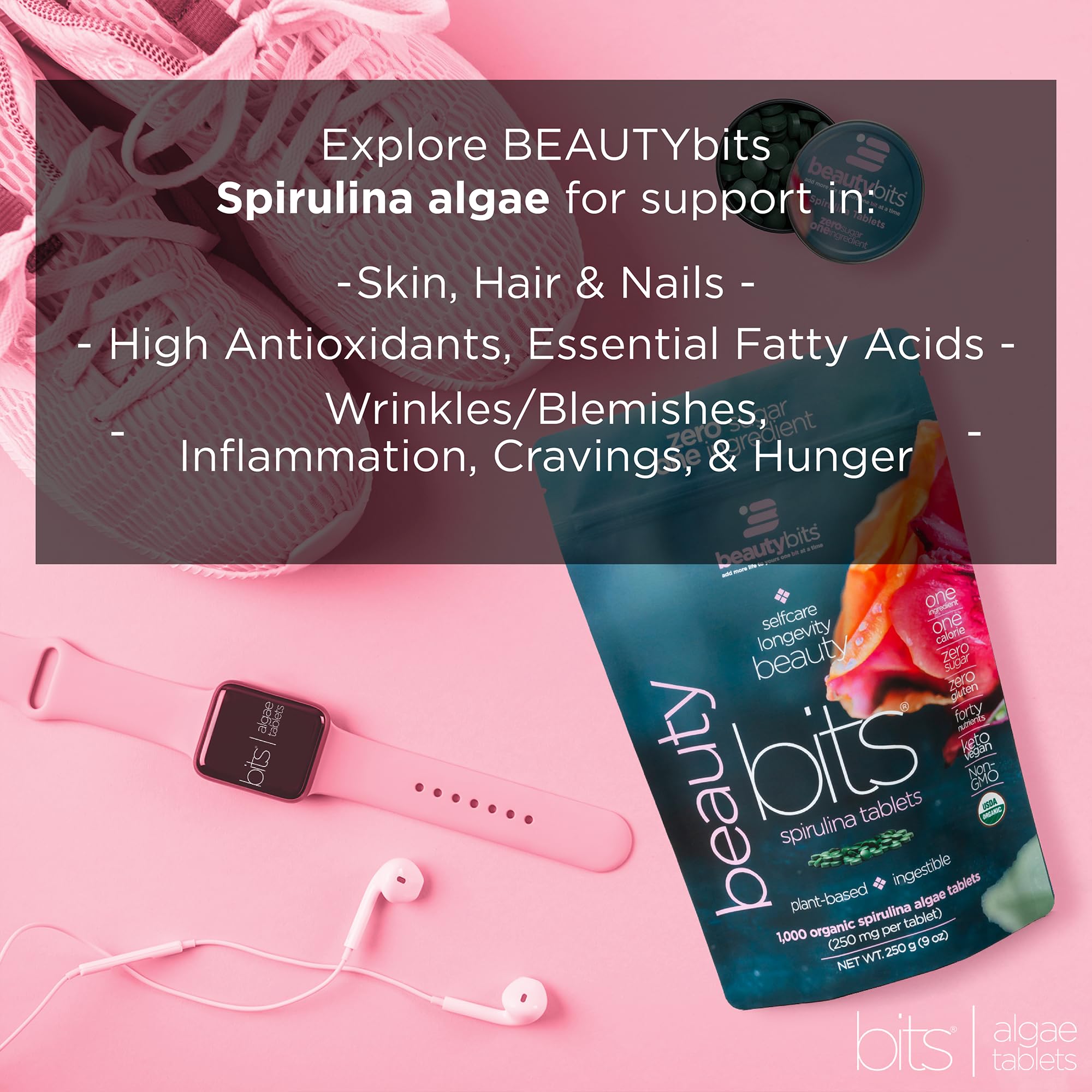 Packaging of BEAUTYbits Organic Spirulina Tablets in a 360-tablet can