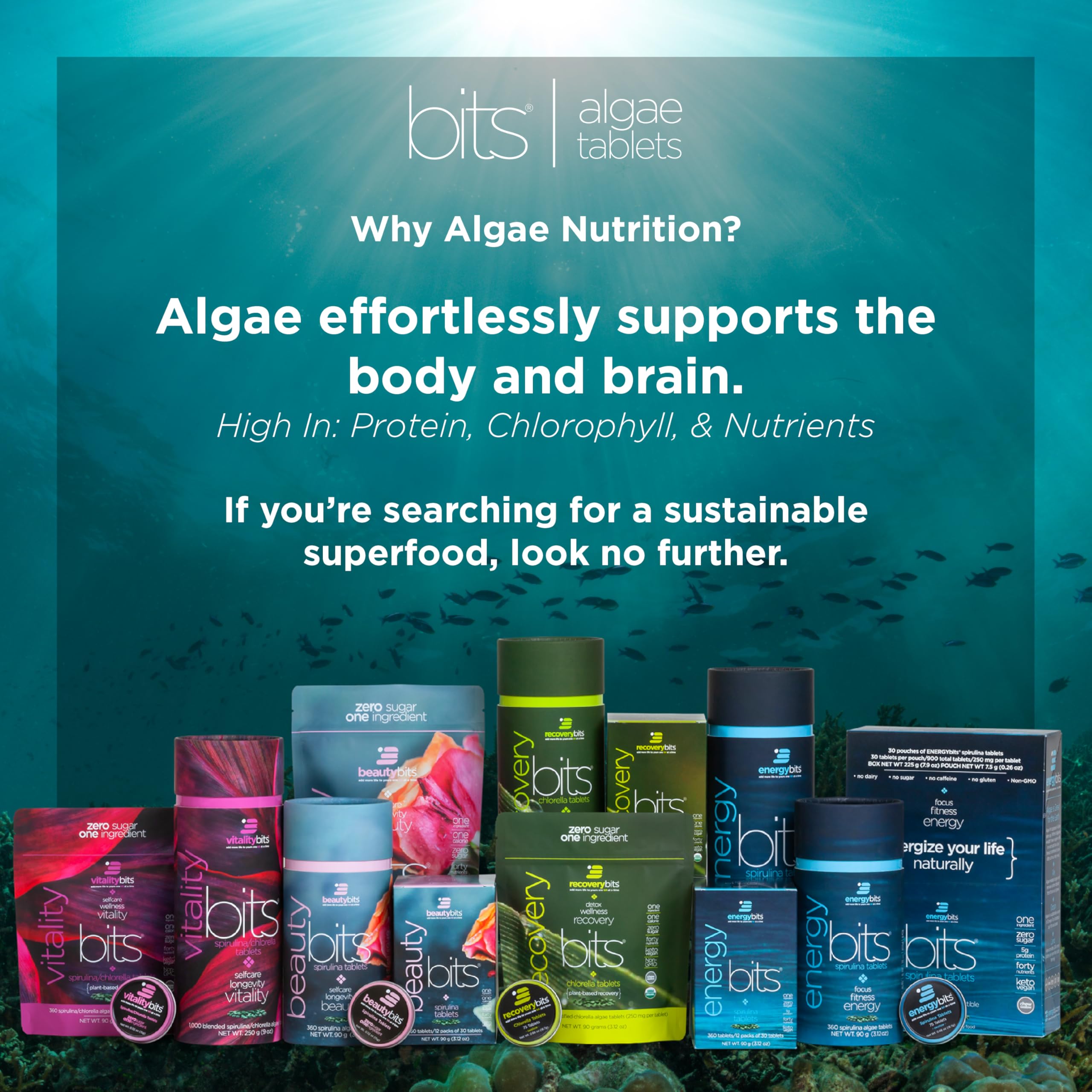 Close-up of BEAUTYbits spirulina tablets showing ingredients