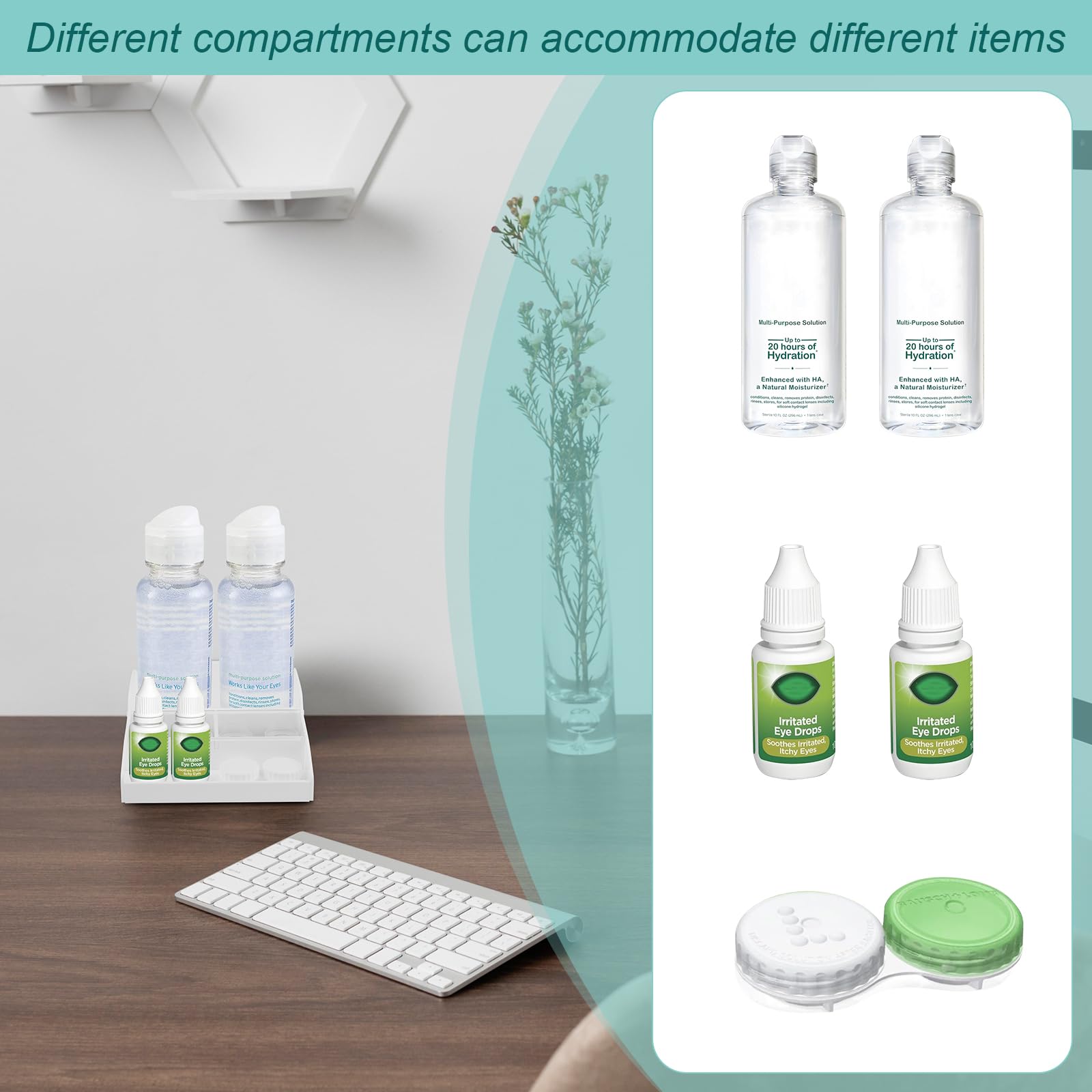 Lenses, solution and eye drops organized in the tray