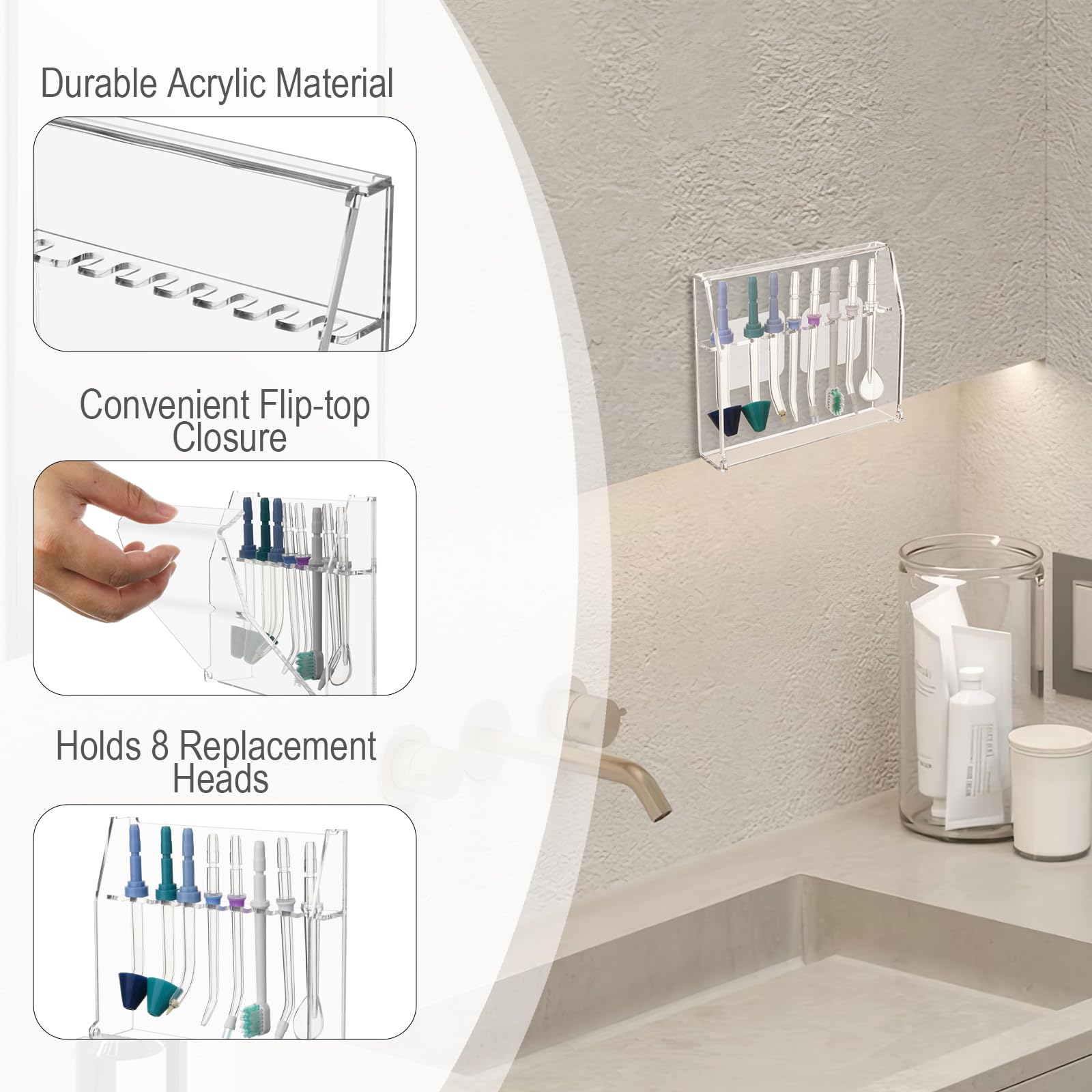 Wall mountable Water Flosser tip storage case with hardware