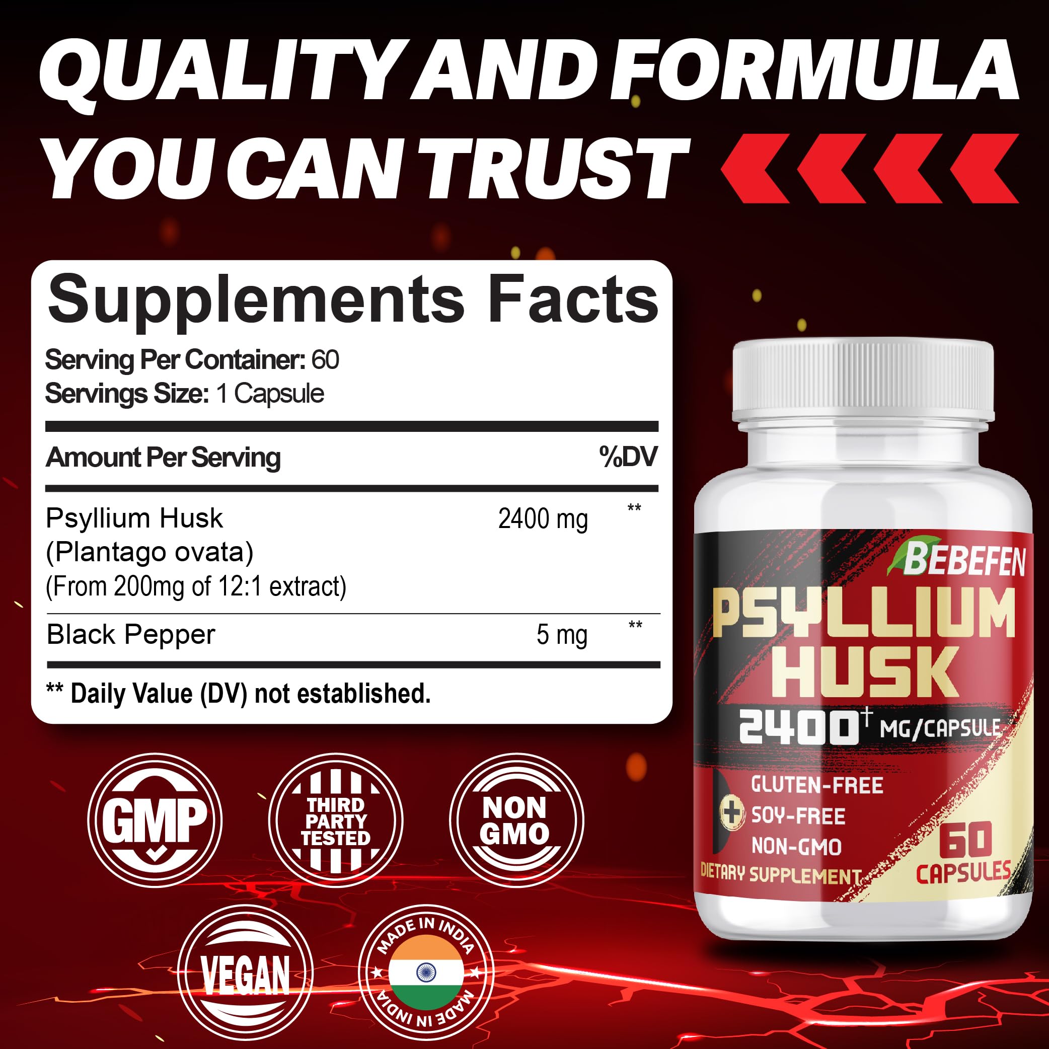 Psyllium Husk Capsules close-up showing 2400mg dosage