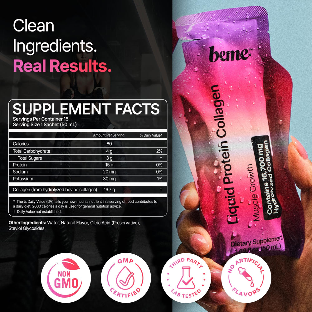 BeMe proteína líquida sabor manzana, ideal para entrenamientos y días activos.