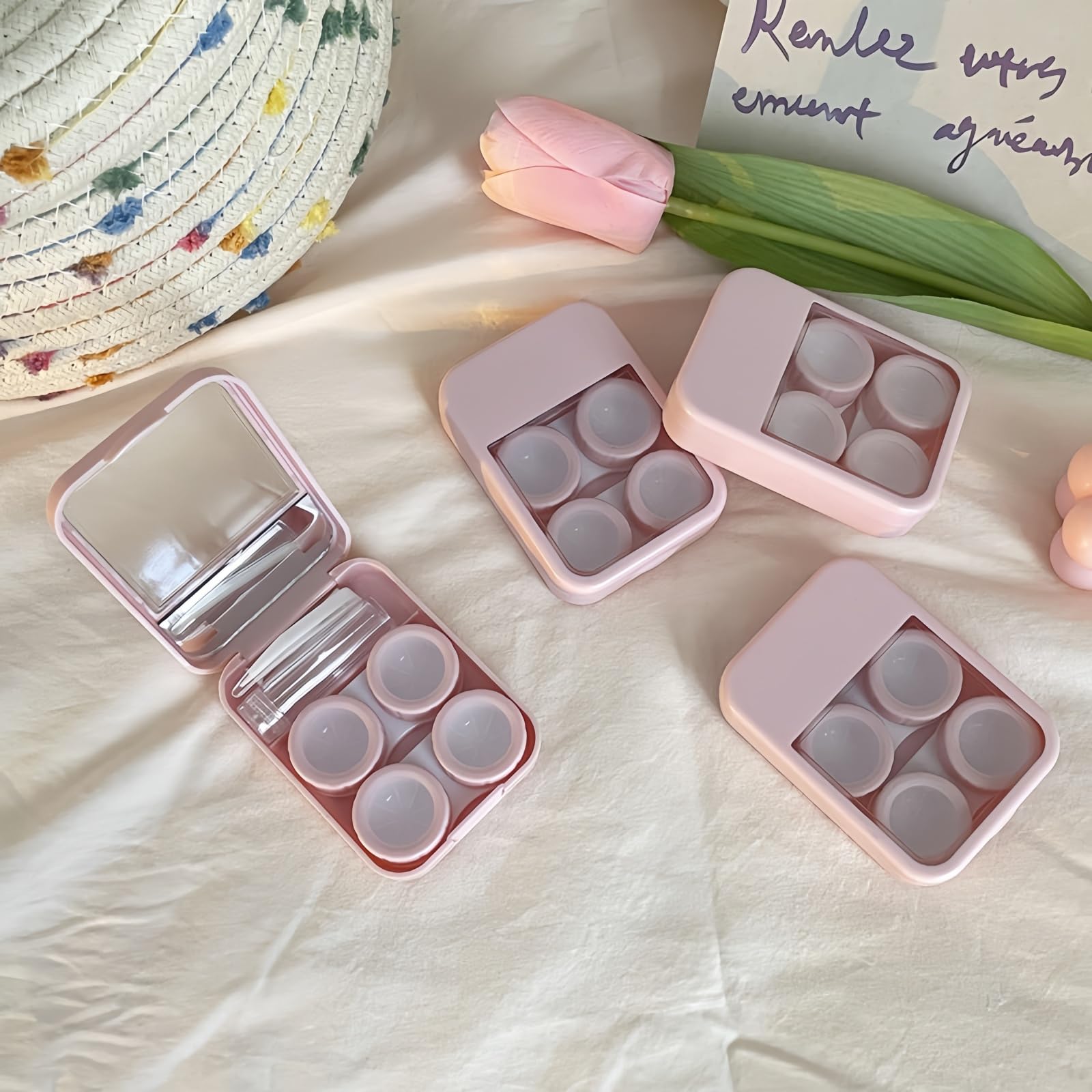 Pink BEDARTIST 2-pack 2-in-1 contact lens case set, front view