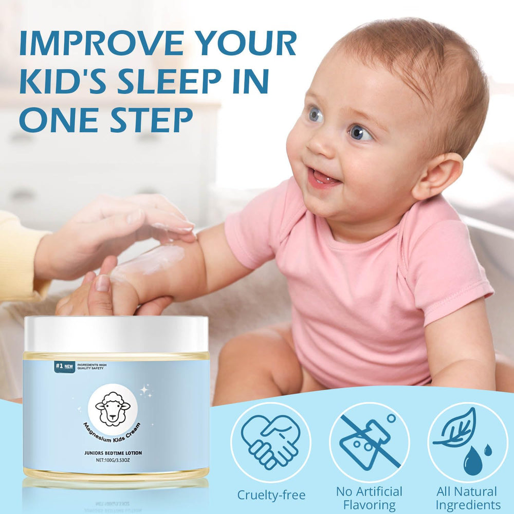 Close-up of bedtime massage with magnesium lotion for kids.