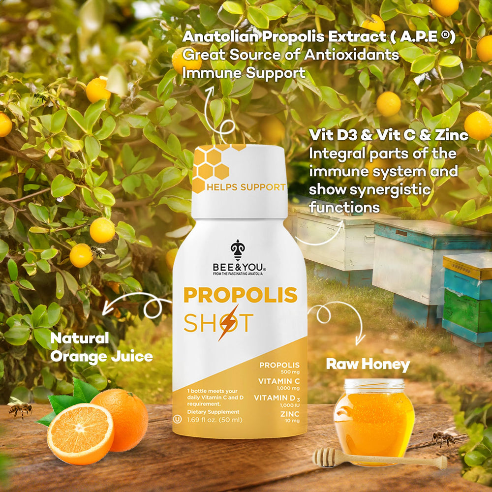 Propolis shot bottle pouring into a glass