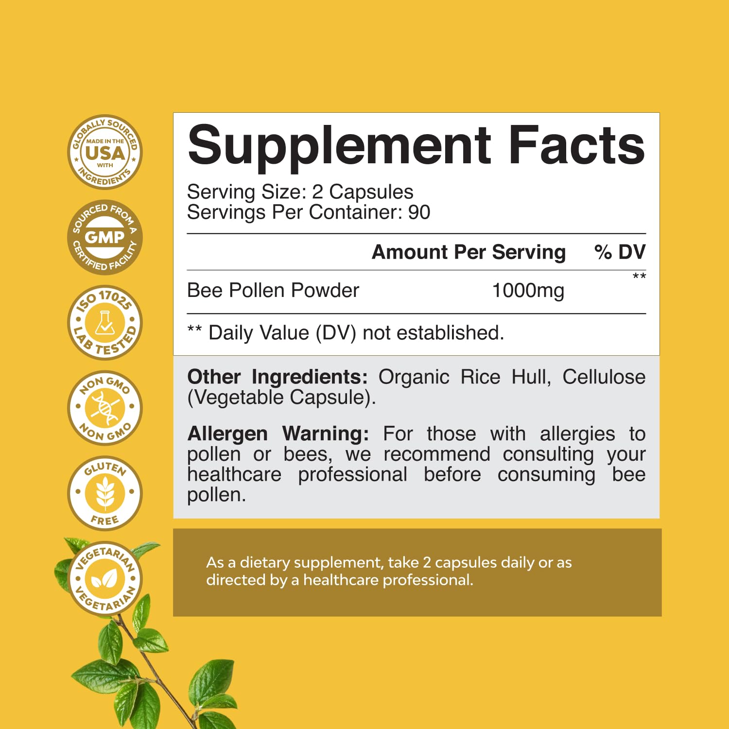 Close-up label of bee pollen supplement with 1000mg serving