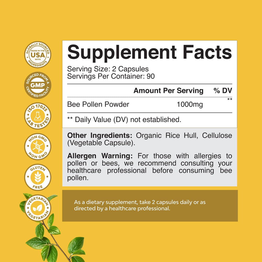 Close-up label of bee pollen supplement with 1000mg serving