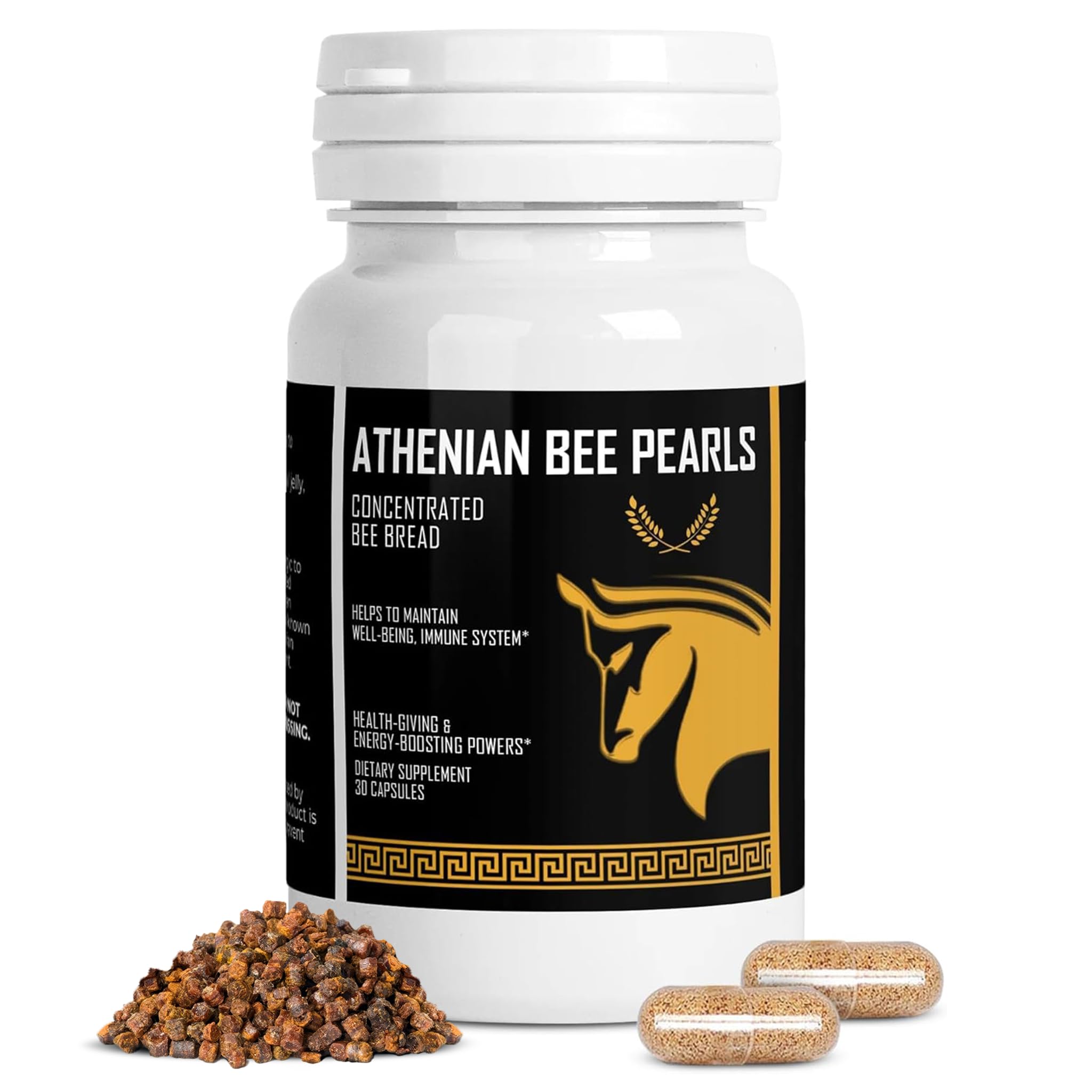 Bee Pollen supplement cover featuring Athenian Bee Pearls