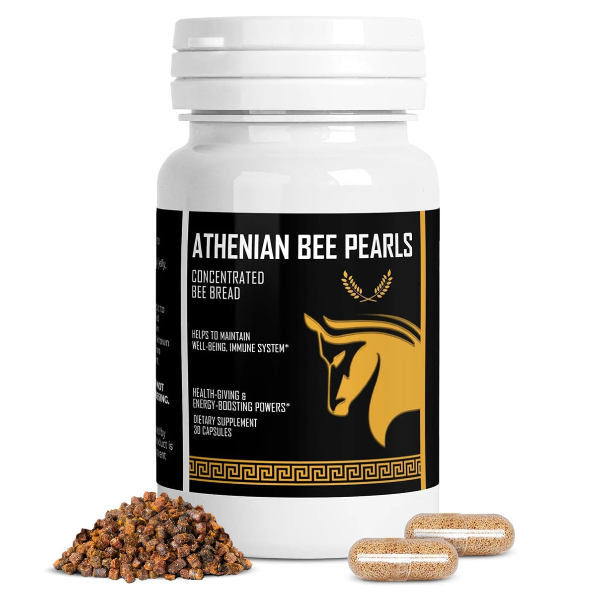 Bee Pollen supplement cover featuring Athenian Bee Pearls