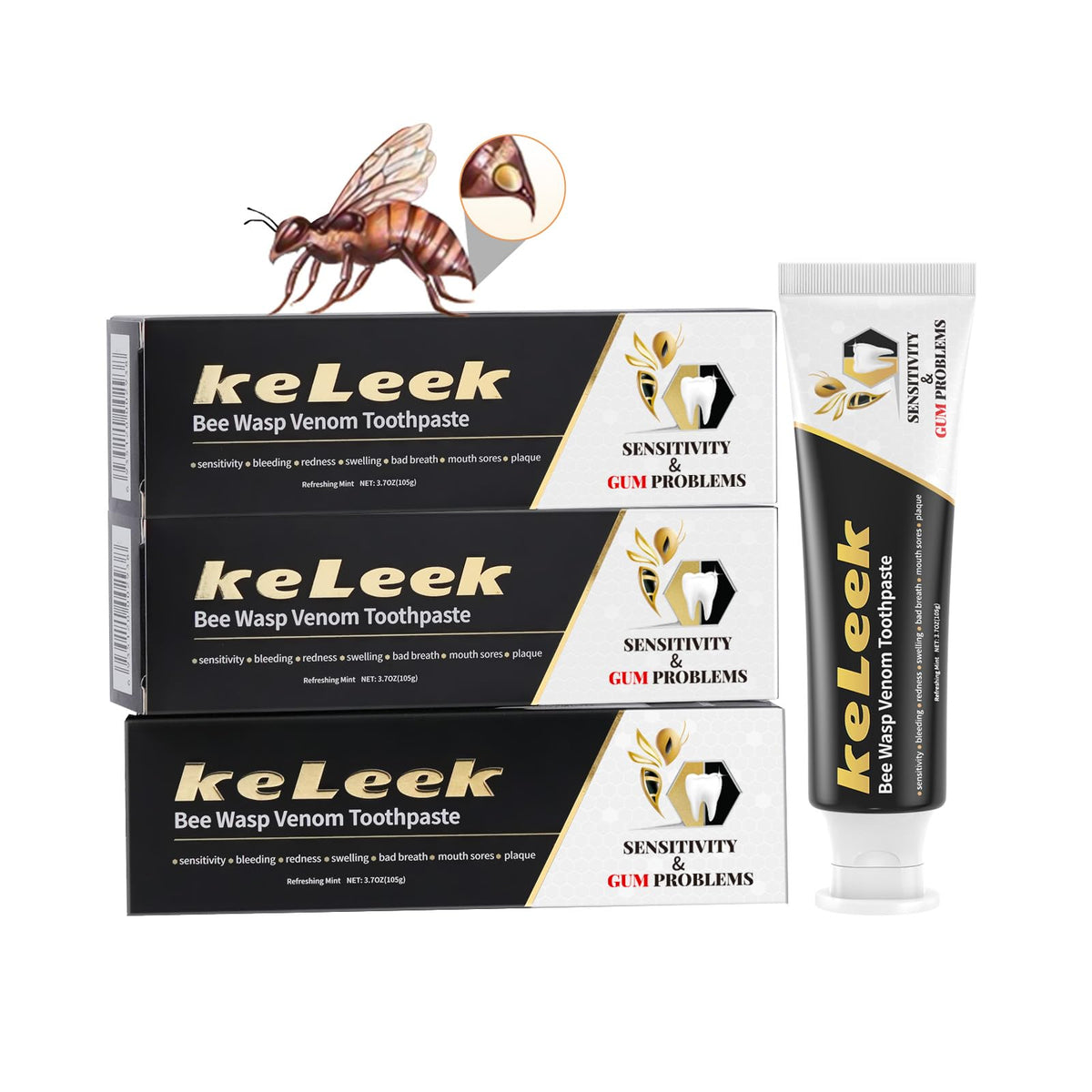 Front view of the 3-pack Bee Wasp Venom toothpaste for bleeding gums