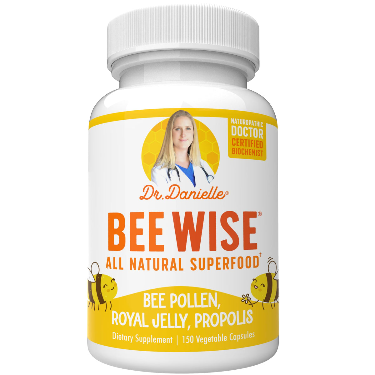 Dr. Danielle's Bee Wise bee pollen supplement bottle label
