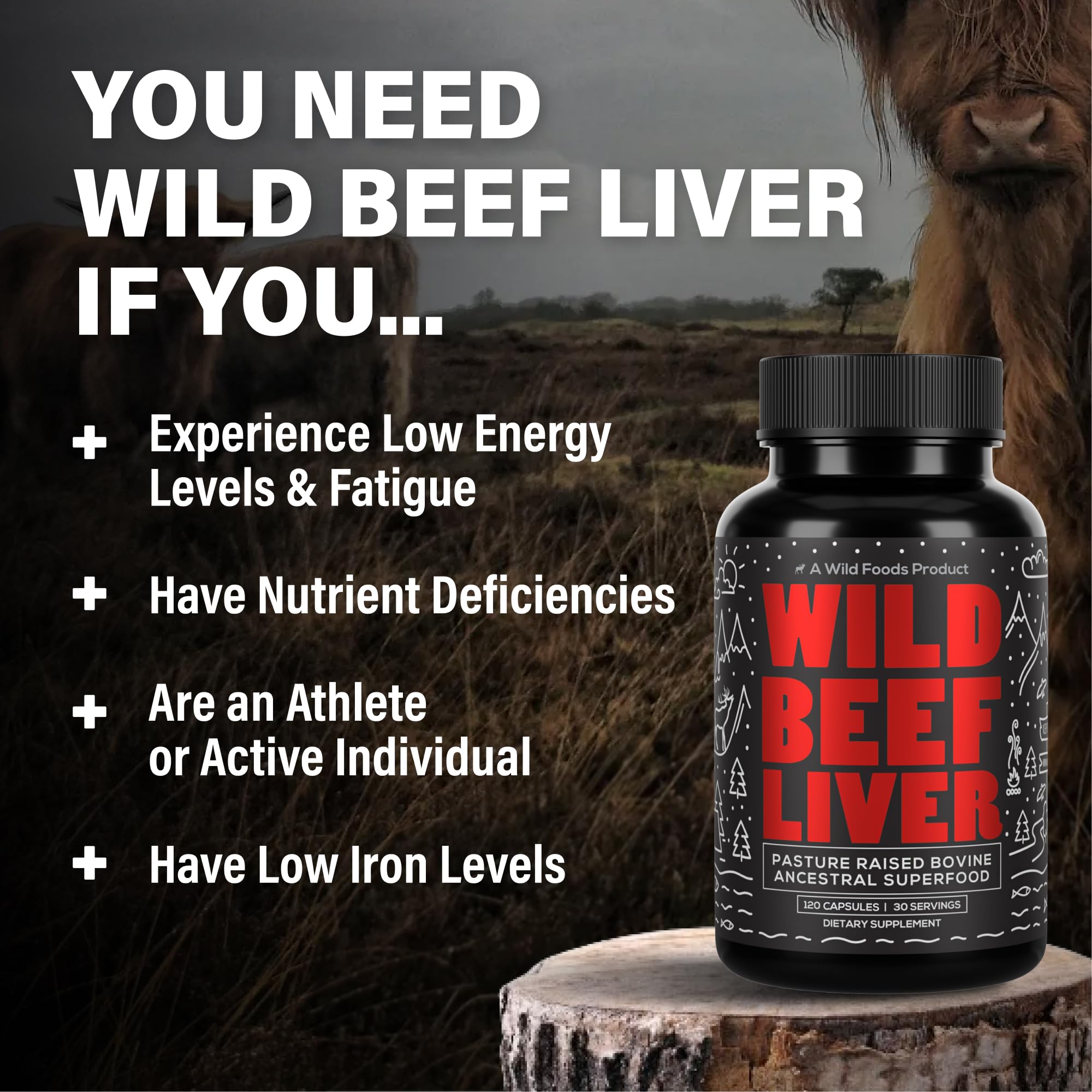 Close-up of beef liver capsules highlighting 3000mg serving