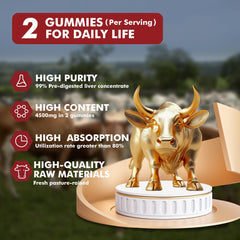 Non-GMO and gluten-free certification icons beside gummies.