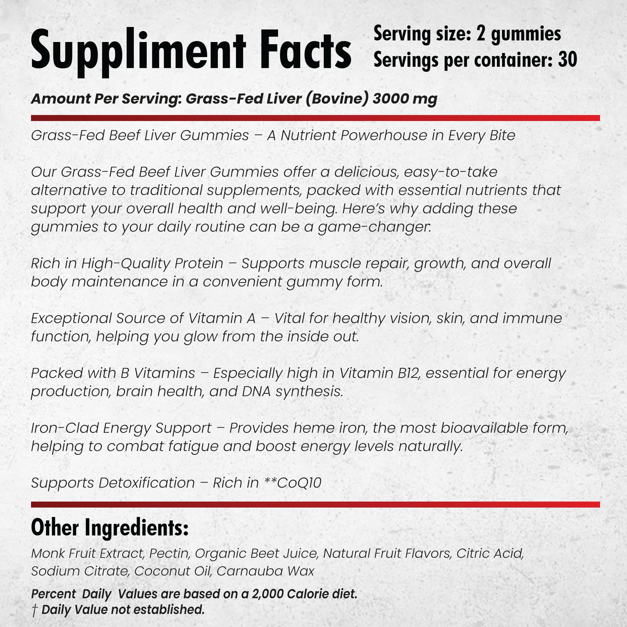 Close-up of serving panel showing 3000 mg beef liver per serving