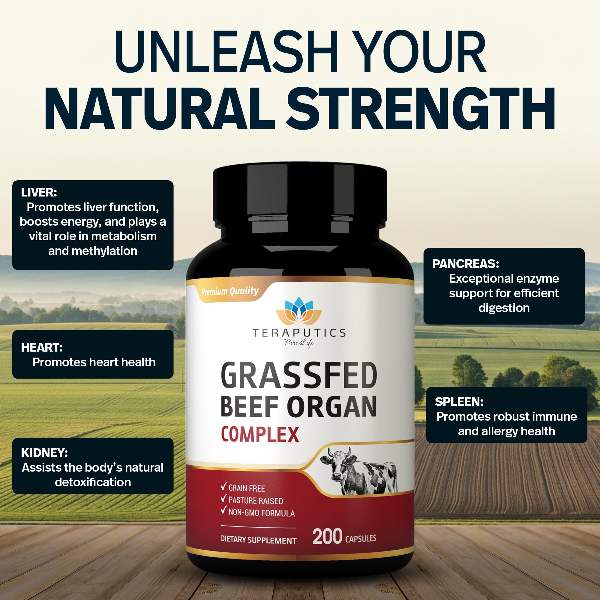 Beef organ capsule bottle showing liver, heart, kidney, pancreas and spleen ingredients