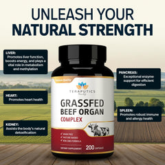 Beef organ capsule bottle showing liver, heart, kidney, pancreas and spleen ingredients