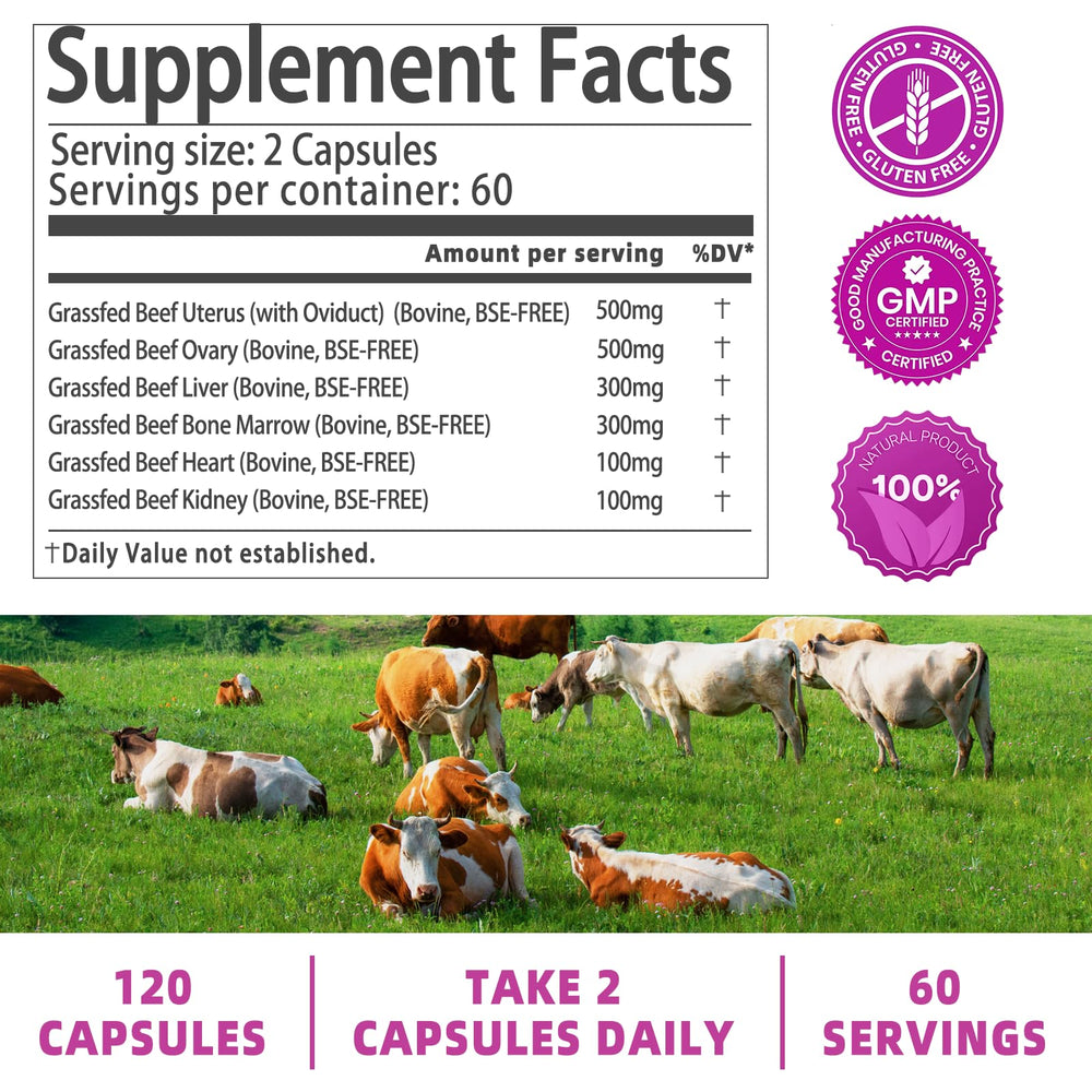 Graphic showing six grass-fed beef organs: liver, heart, uterus, ovaries, kidney, bone marrow