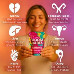 Product packaging showing Bloom Babe branding and 60 count