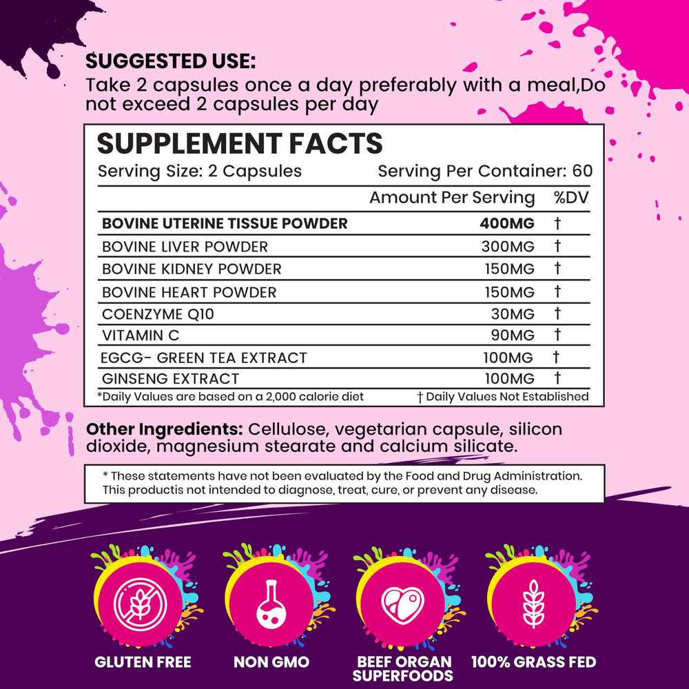 Close-up of beef organ supplement bottle for women