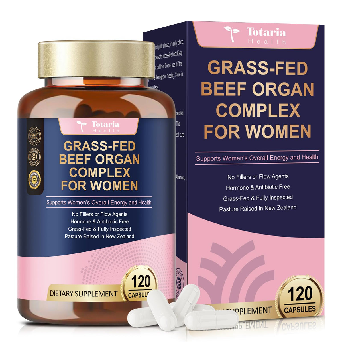 Beef organ supplement for women featuring liver, heart, kidney and uterus in capsules (120 count).