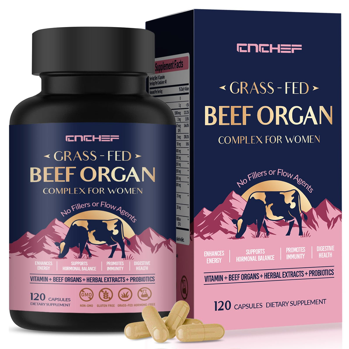 Beef Organ Supplement for Women packaging with 120 capsules