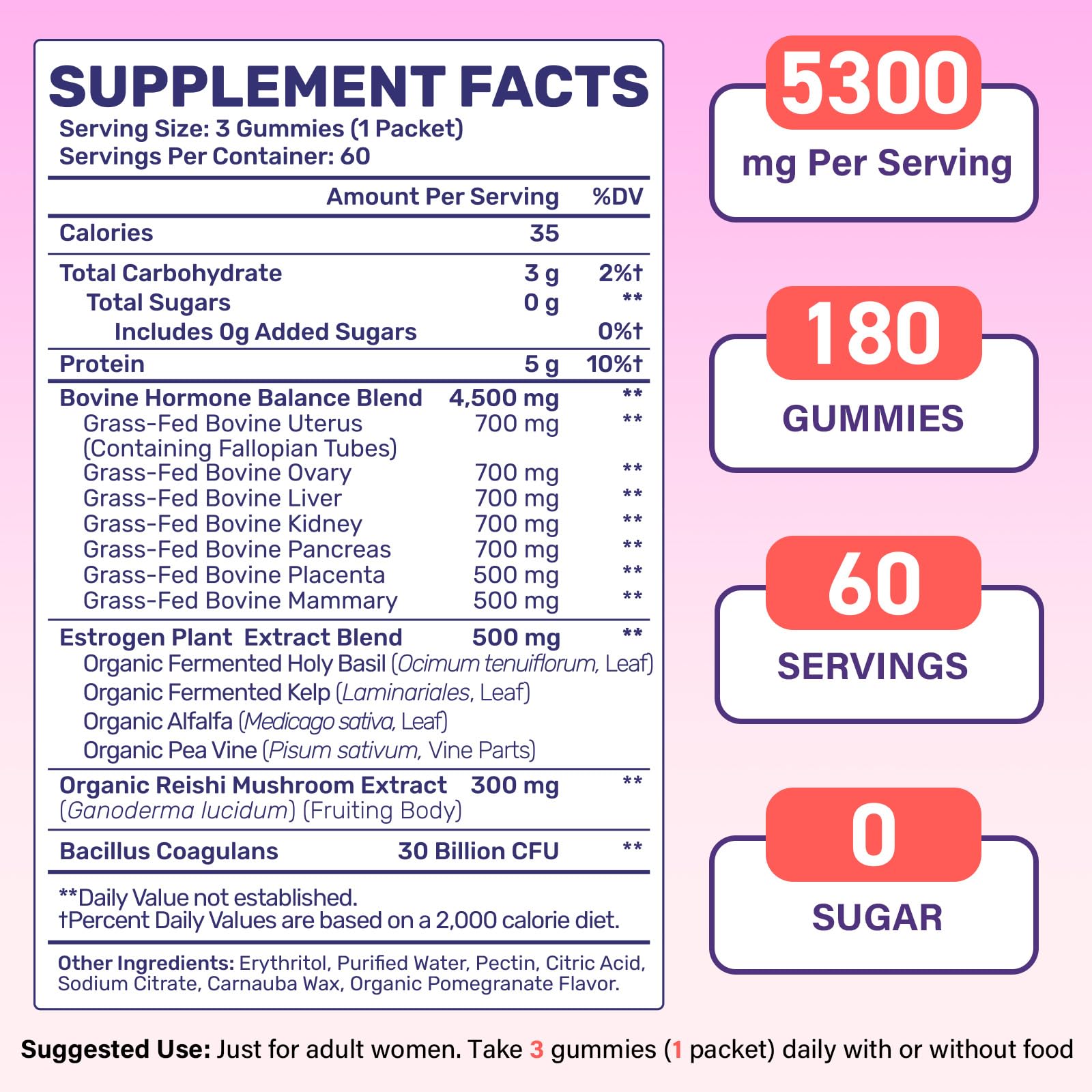 Pomegranate flavored beef organ gummies serving size three per day