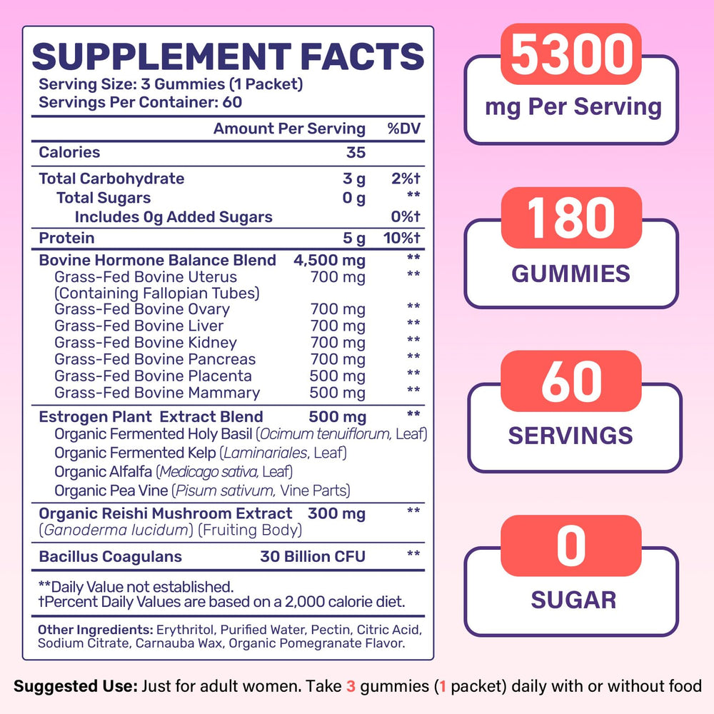 Pomegranate flavored beef organ gummies serving size three per day