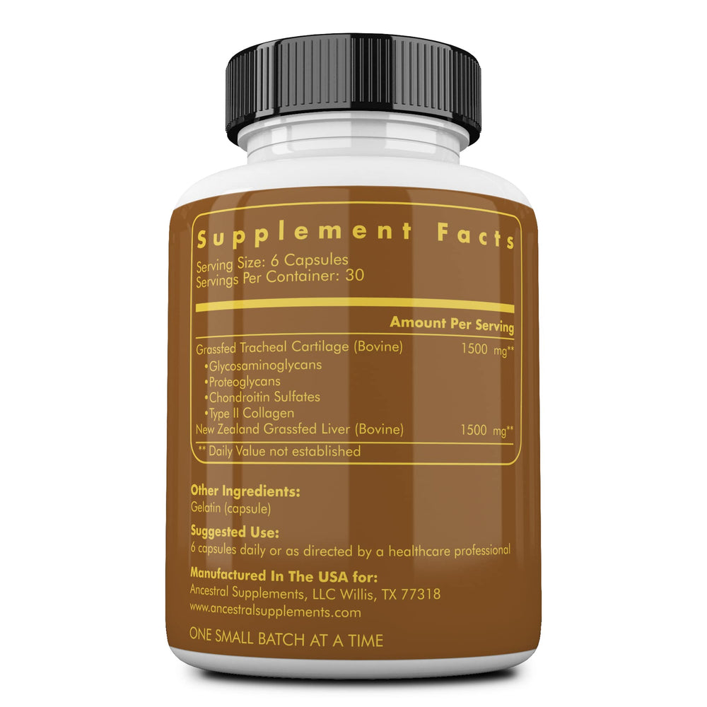 Product packaging label highlighting tracheal cartilage and liver for immune and joint support.