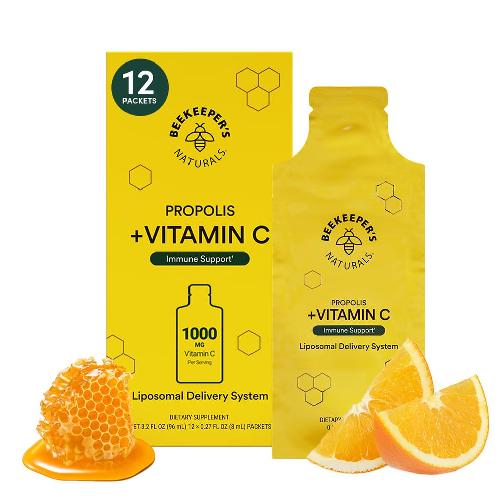 Beekeeper's Naturals propolis liposomal vitamin C bottle showing strong immune support on the go