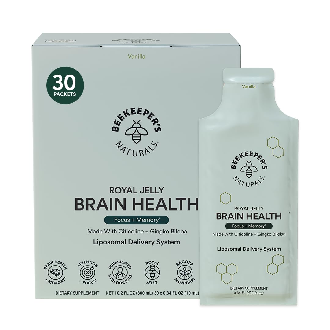 Beekeepers' Naturals Nootropic Brain Supplement bottle with vanilla flavor, 30 count