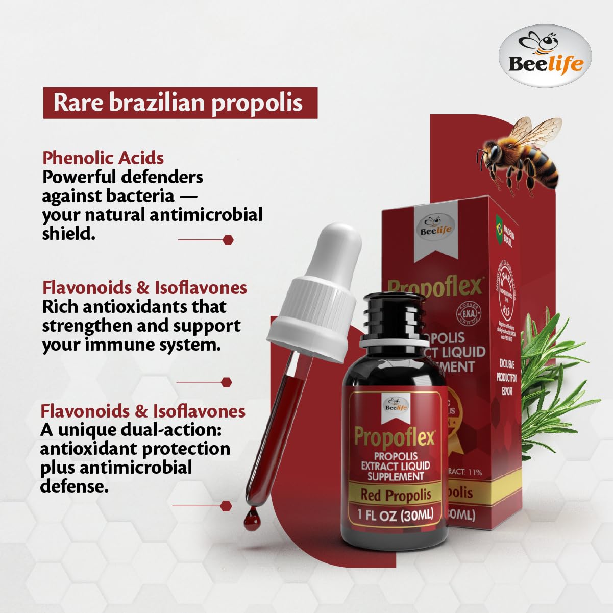 Close-up of Beelife Red Propolis tincture bottle (30ml)