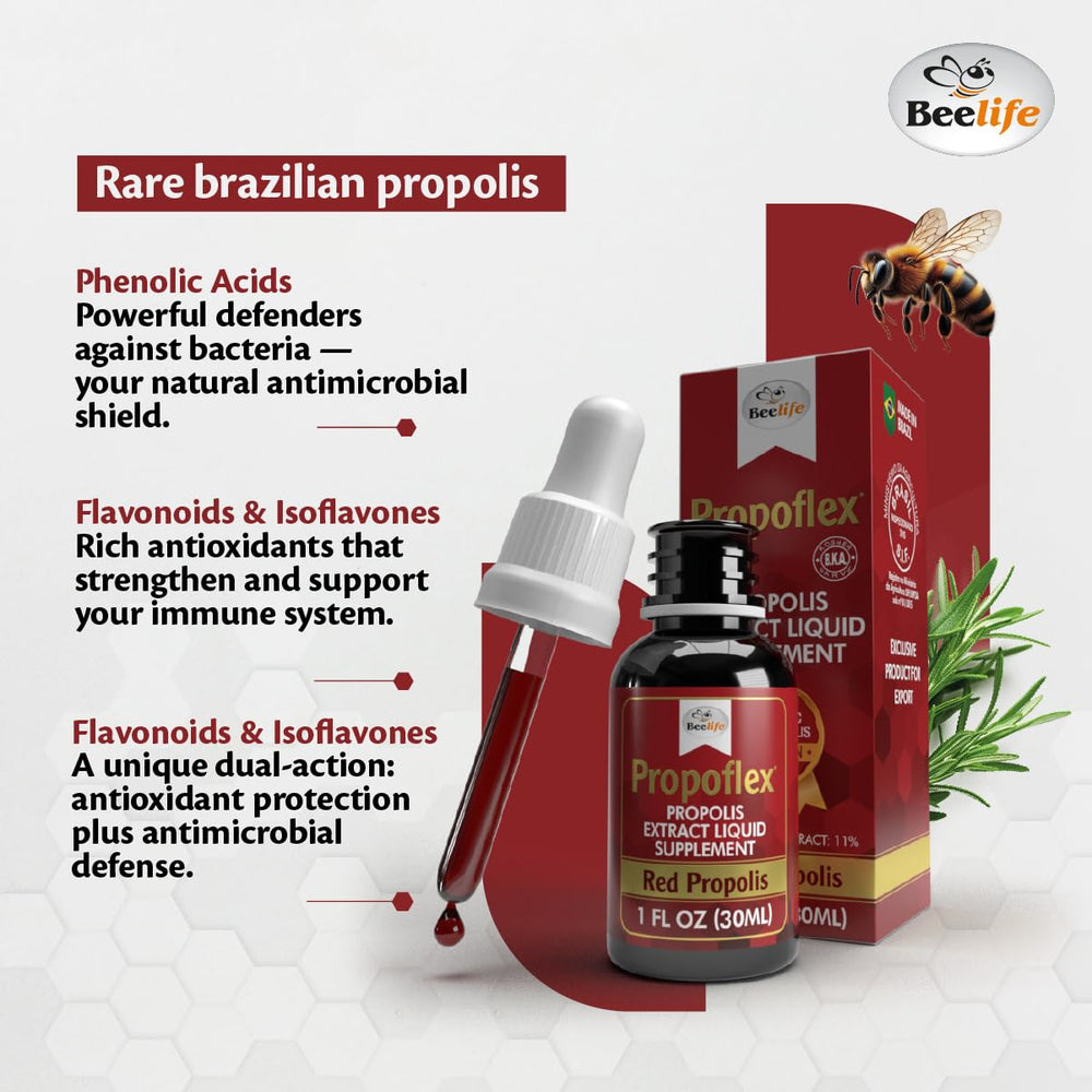 Close-up of Beelife Red Propolis tincture bottle (30ml)