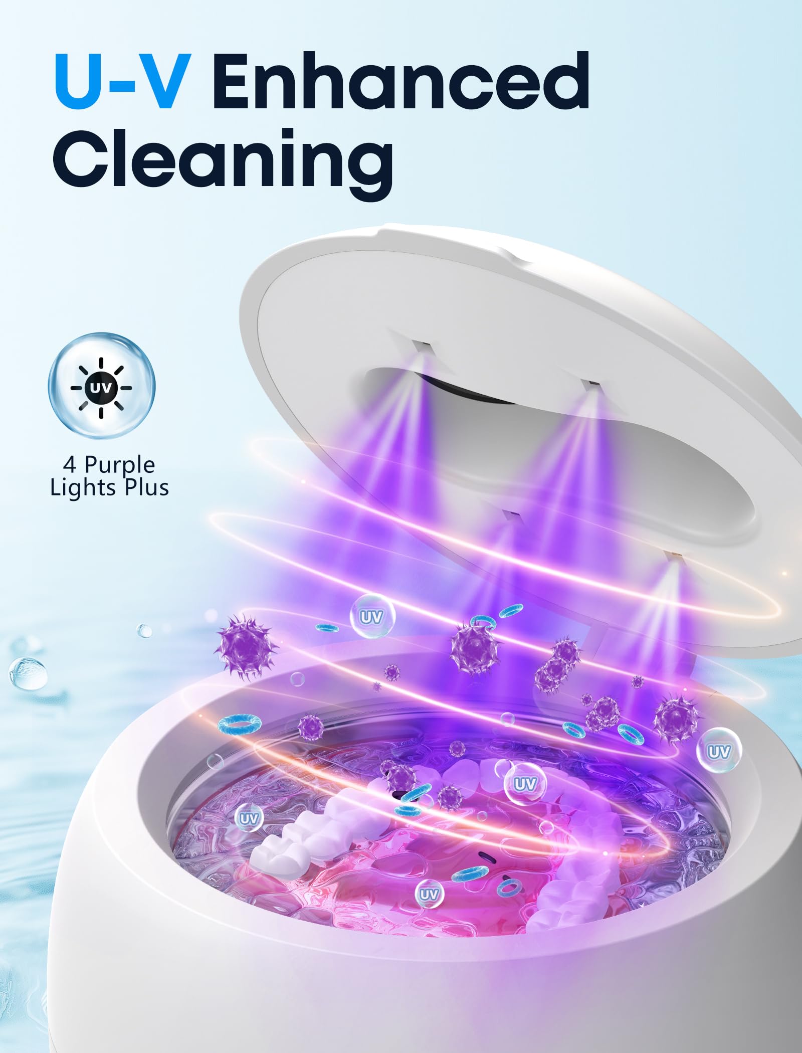 Control modes showing 5min quick clean, 8min deep clean, 8min degassing