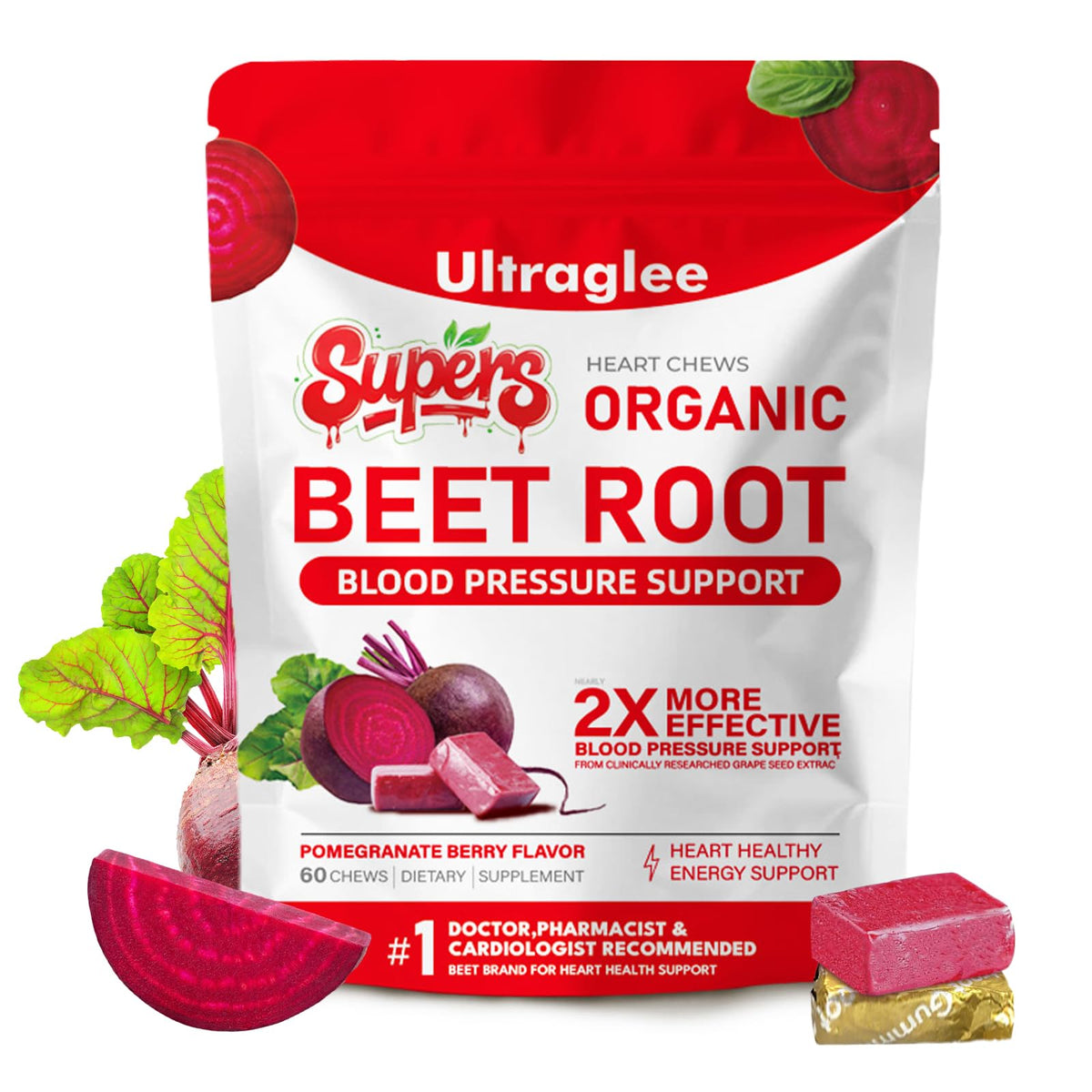 Beet Chews Super-Beetsroot with Nitric Oxide support, Pomegranate Berry flavor, 60 count