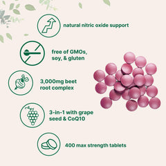 Grape seed extract and CoQ10 capsules arranged with bottle