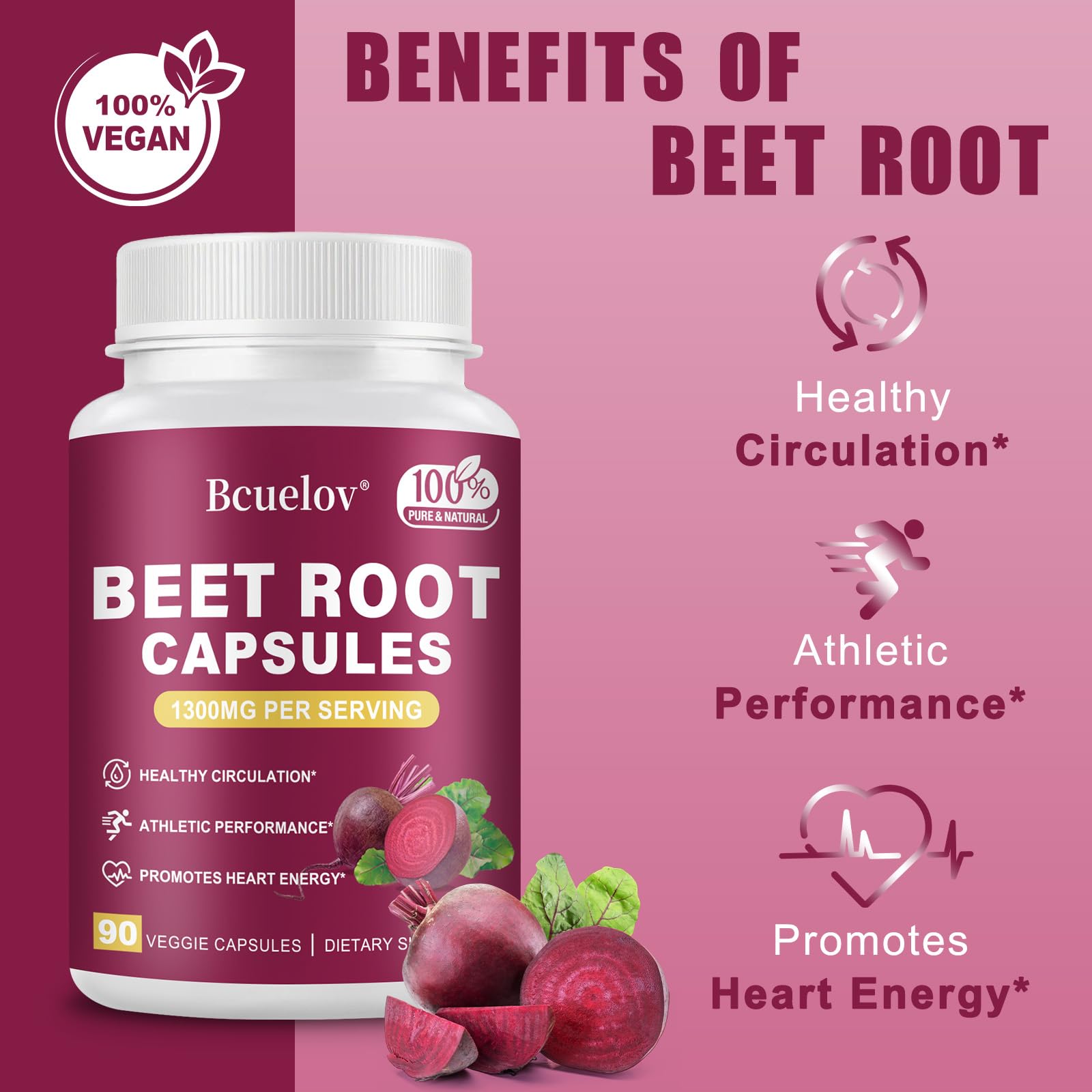 Bottle of Beet Root Capsules close-up with 90 capsules