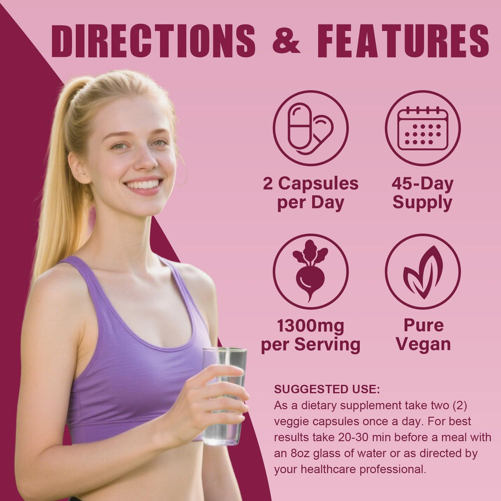 Usage guide showing 2 capsules daily with meals