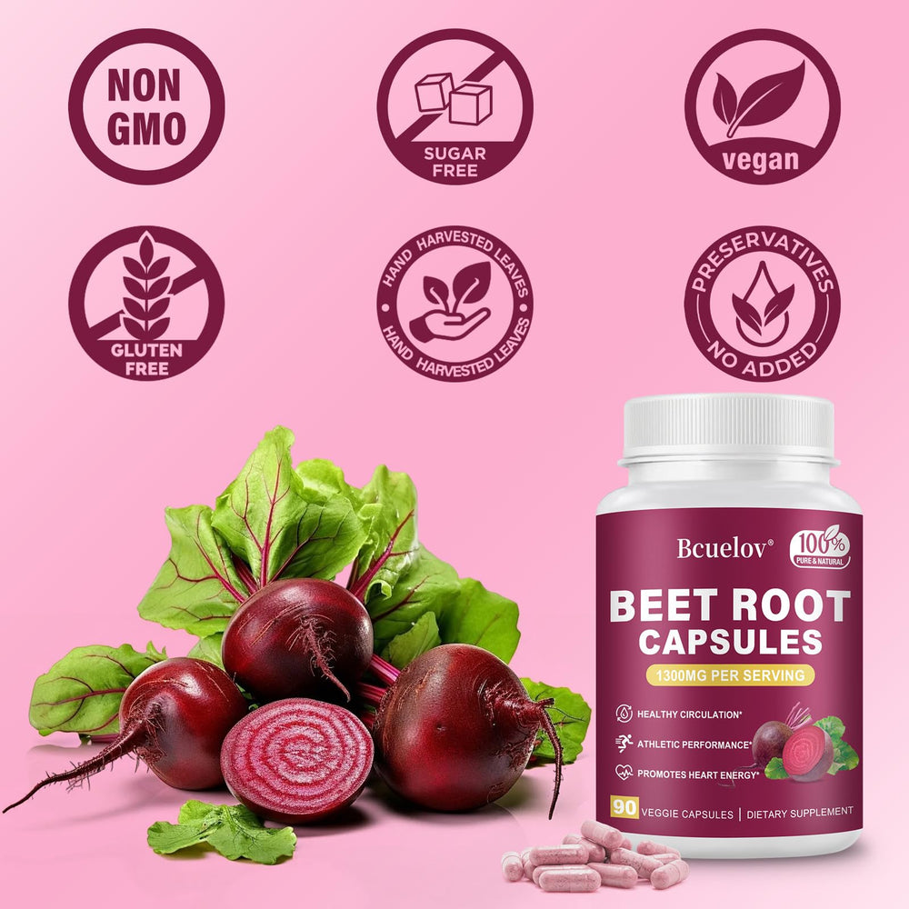 Vegan and non-GMO icons on Beet Root Capsules packaging