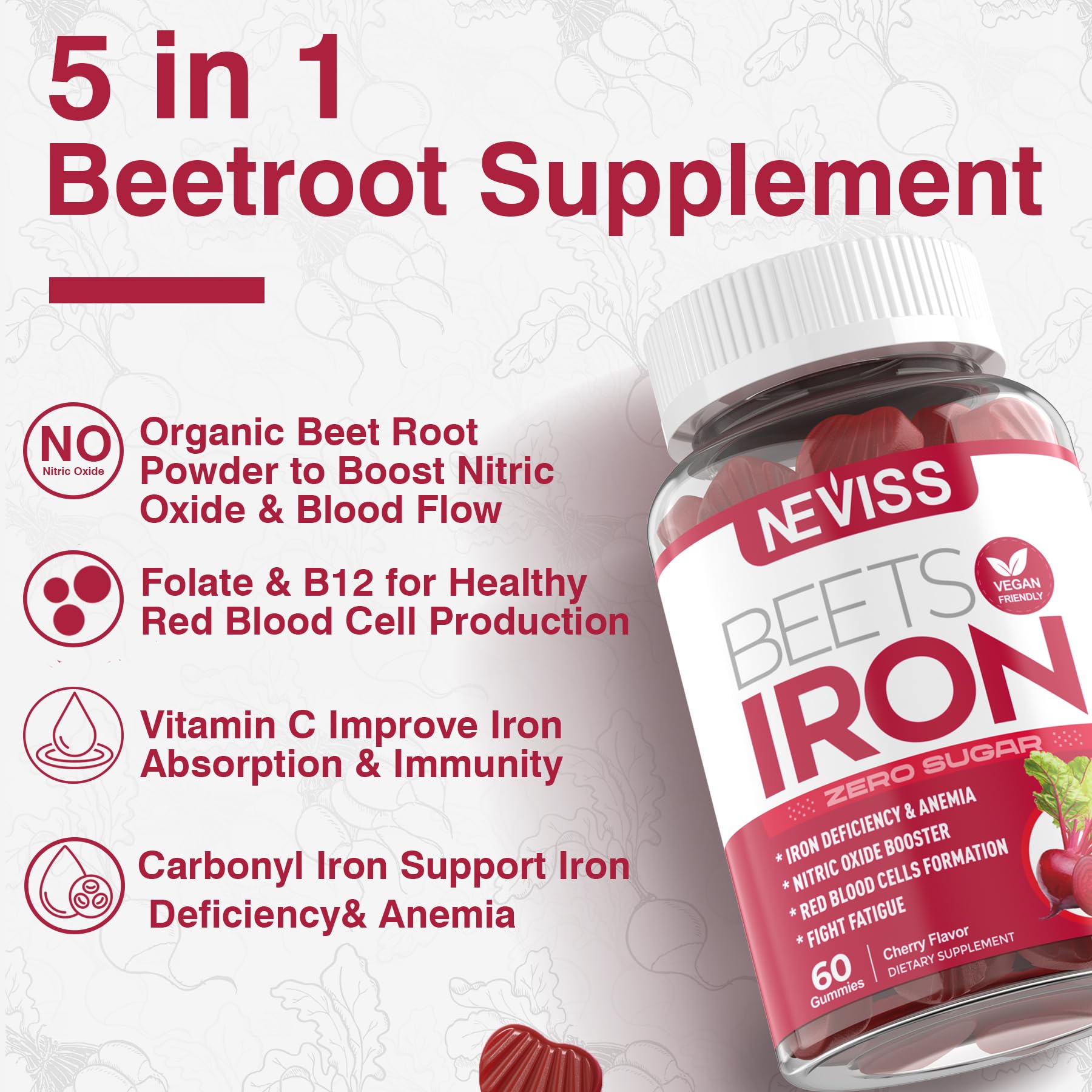 Nutrition facts panel on Beet Root Gummies bottle