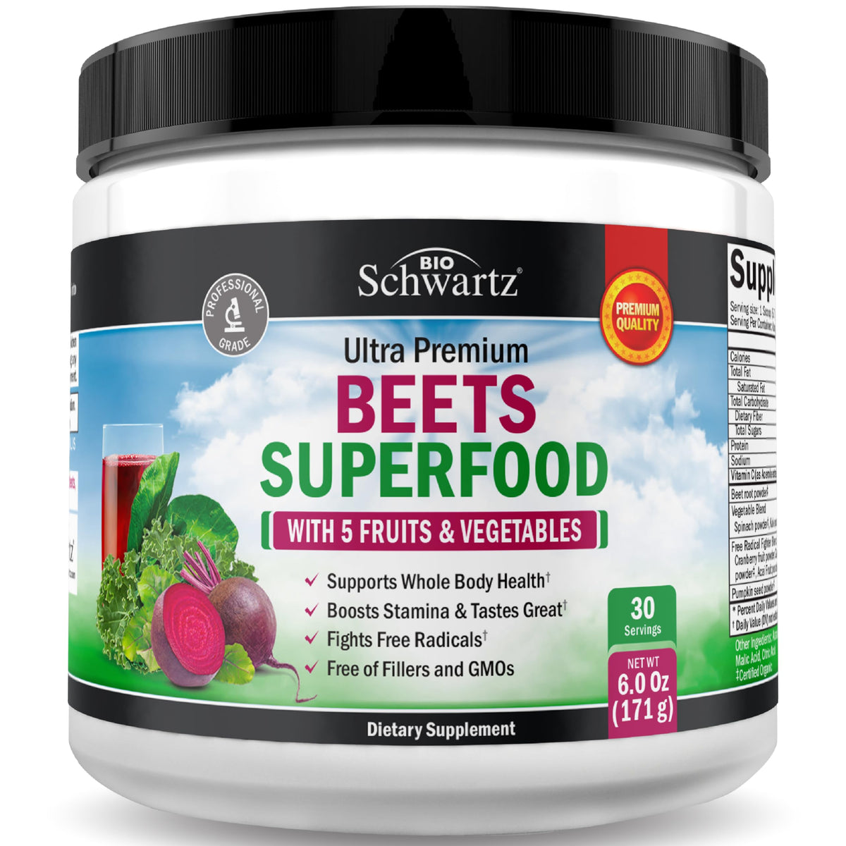 Beet Root Powder bottle label with 30 servings