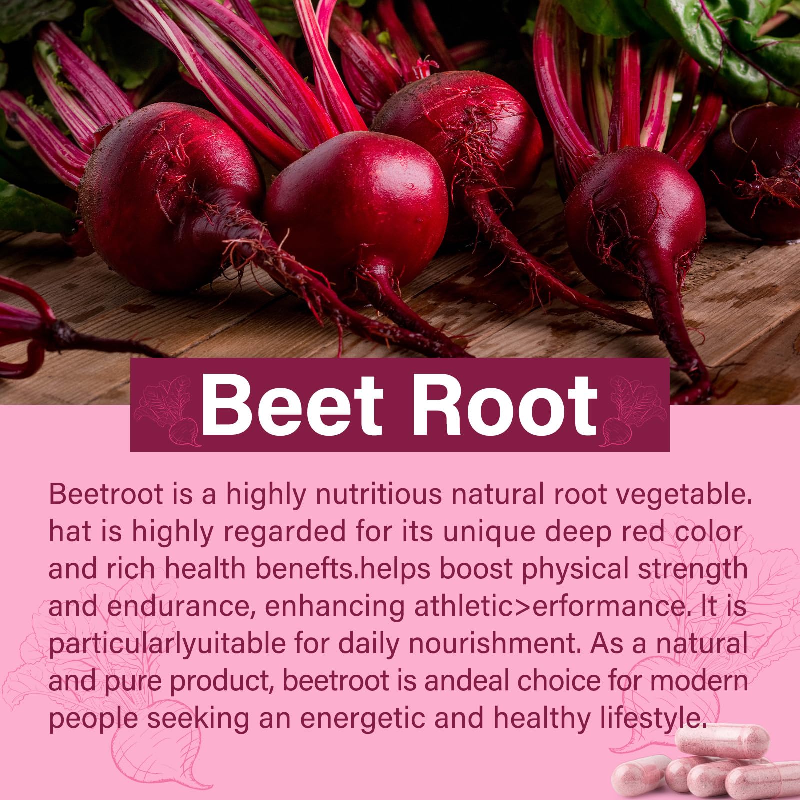 Beet root powder capsules 1300mg close-up
