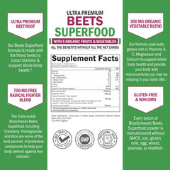 Flat lay showing kale, beets, spirulina and pomegranate ingredients